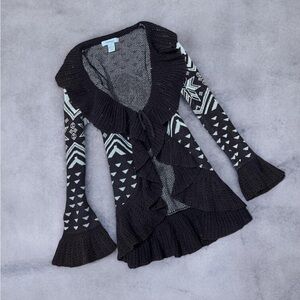 Brown fair isle whimsygoth boho chic ruffle tie front cardigan